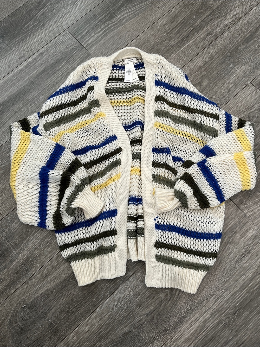 aerie Cream Open-Front Cardigan with Blue, Green & Yellow Stripes